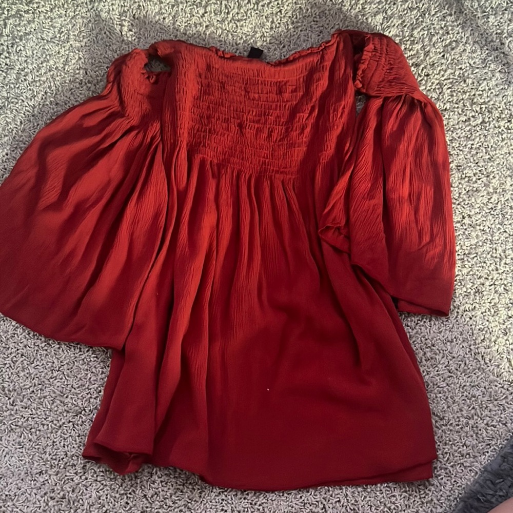 Off the shoulder auburn orange dress